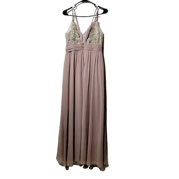 Azazie Bridesmaid Dress A10 Long Lace Pleated Romantic Taupe Chiffon Flowy Femme - Picture 2 of 16
